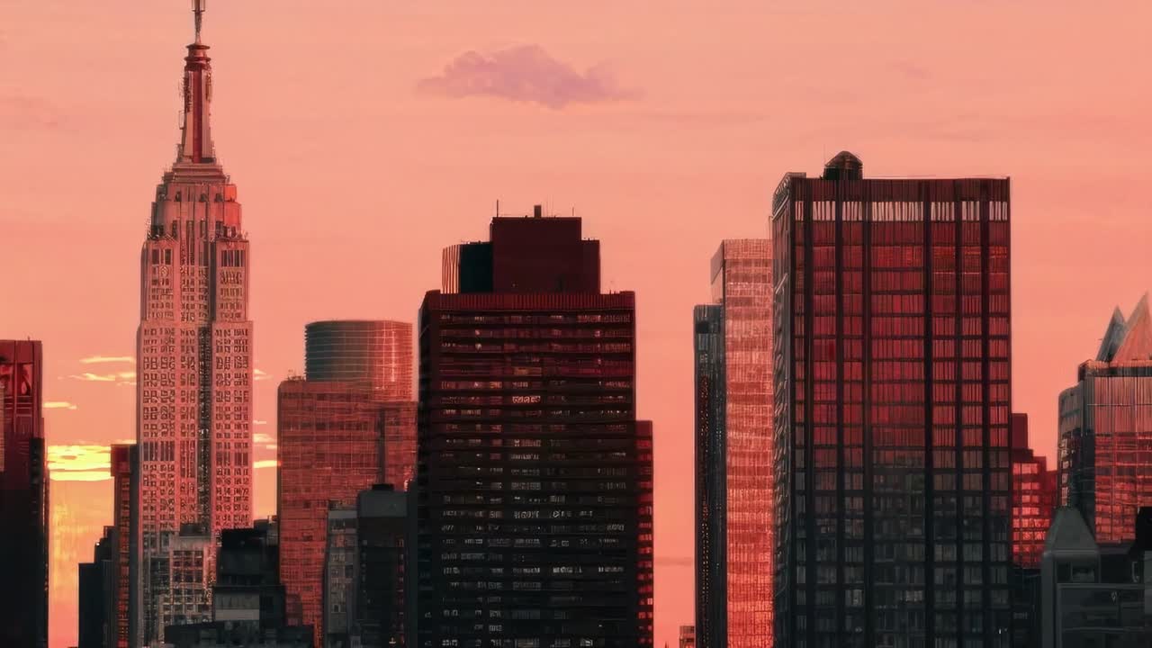 Sunset cityscape video with a low-angle view of skyscrapers, capturing the warm glow of the setting
