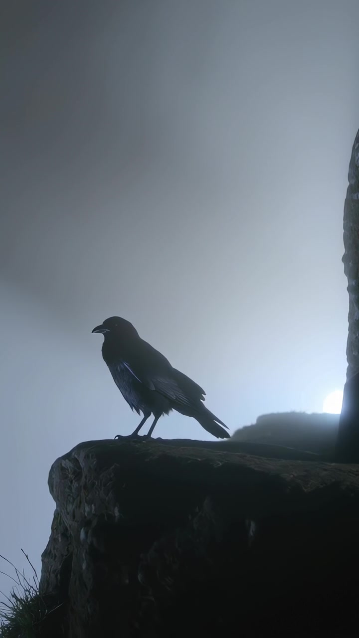 Video vertikal: Burung gagak bertengger menyesuaikan posisi di tepian berbatu tebing, disinari kabut dari belakang, ruang kosong