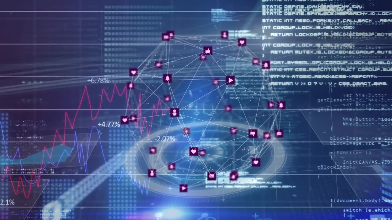 파란색 배경에 아이콘과 데이터 처리를 가진 연결 네트워크의 애니메이션