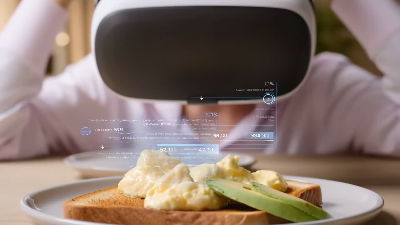 Person wearing VR/AR headset analyzing breakfast with augmented reality