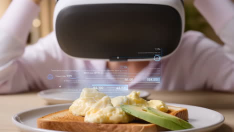 person wearing vr/ar headset analyzing breakfast with augmented reality