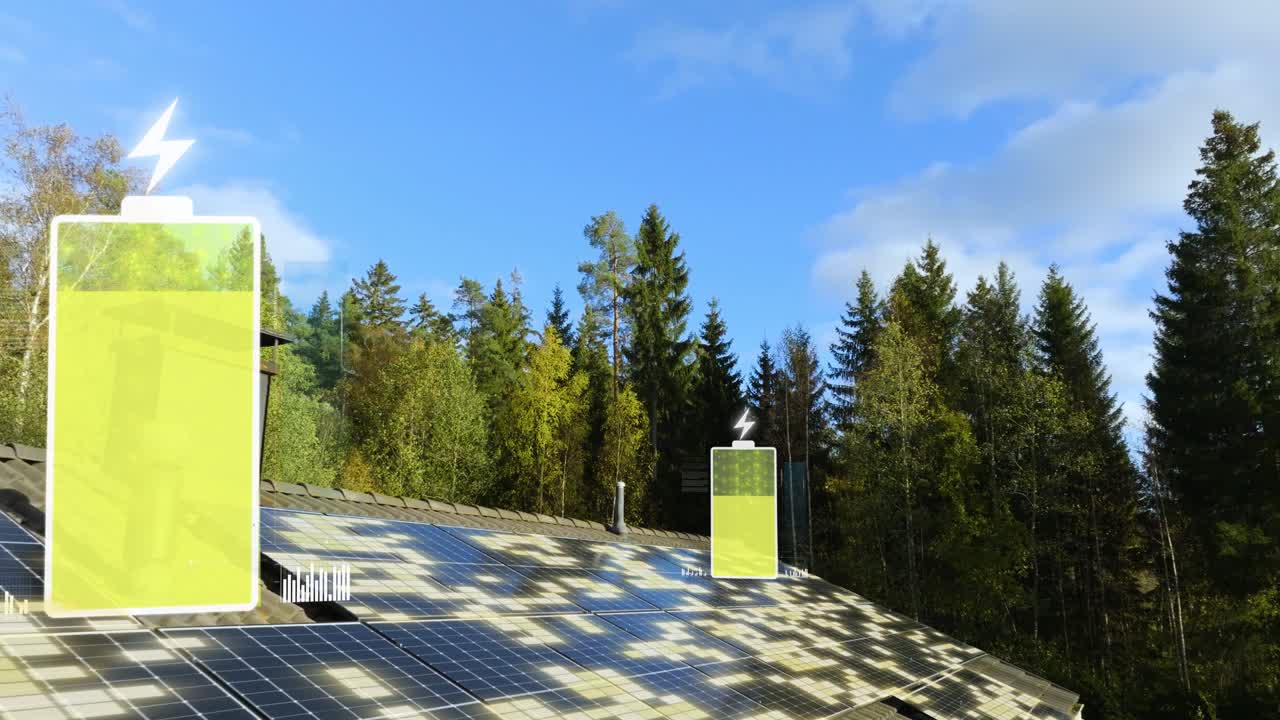 зарядка икон батарей с визуализацией электрических фотонов на солнечных элементах на крыше