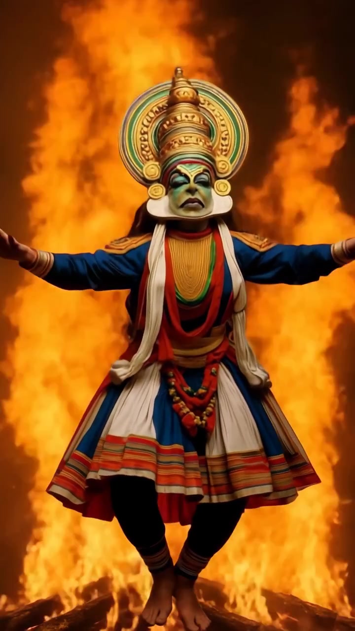 Kathakali-tanssija esittämässä perinteistä intialaista tanssia tulitaustaa vasten