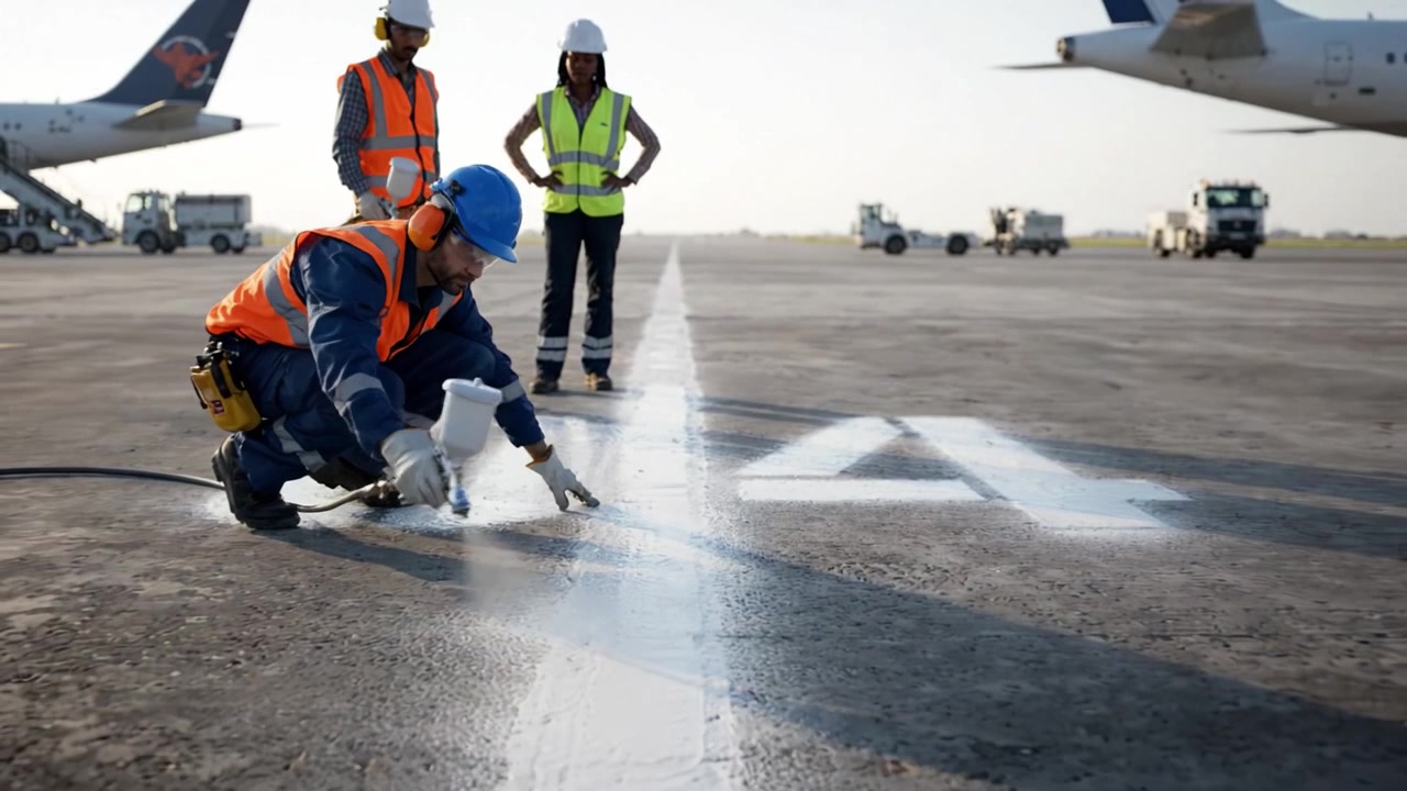 Workers Apply Fresh Paint on Airport Runway Markings While Planes Standby Nearby in Routine Maintenance Procedure for Aviation Safety and Efficiency