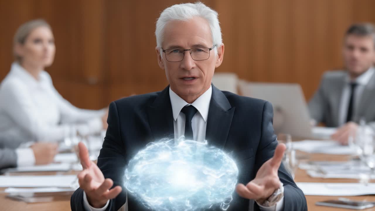 A Confident Businessman Harnesses Mystical Energy in a Boardroom Setting Amidst Colleagues, Symbolizing Leadership and Innovation