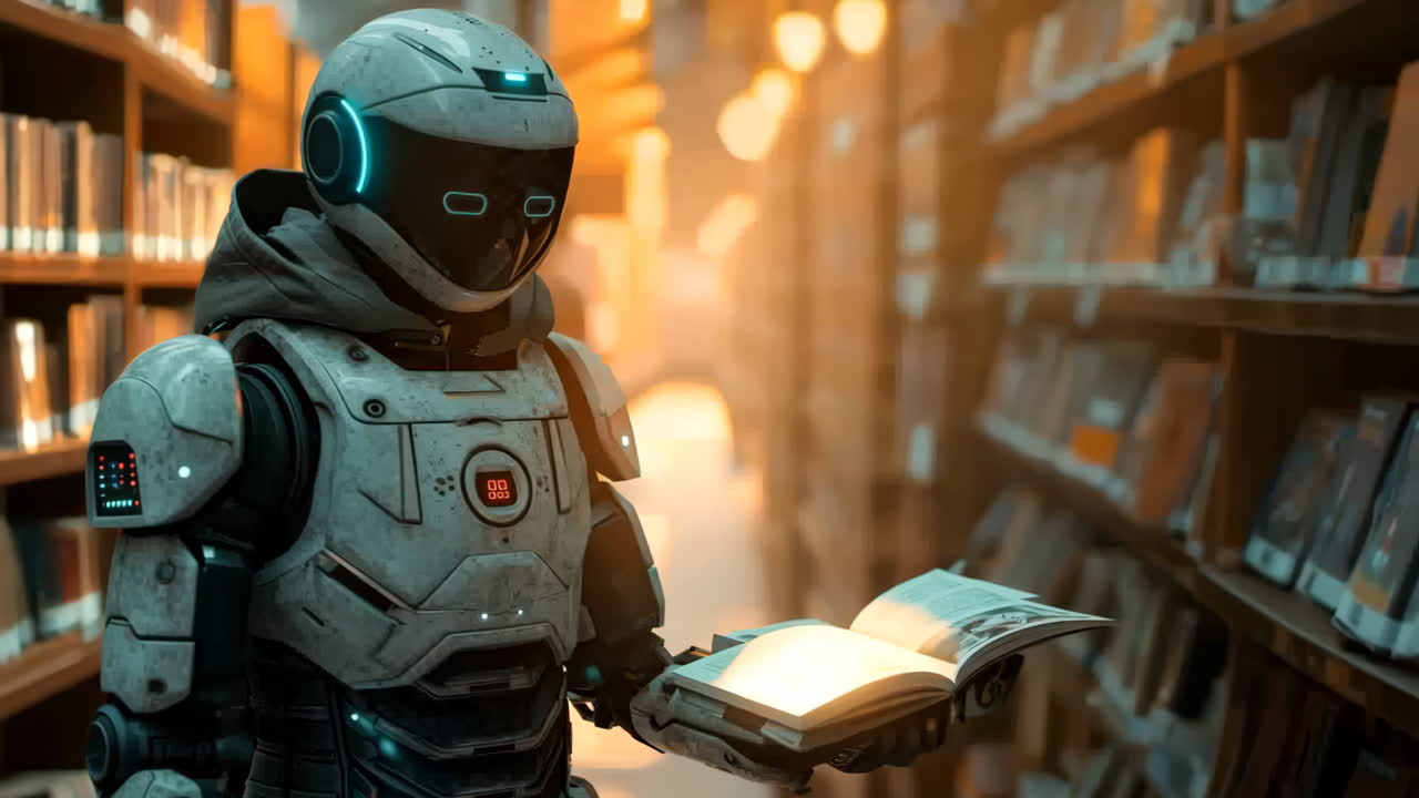 Robot Reading Book in Library During Evening Study Hours. A robot stands among bookshelves, reading a book in a quiet library during evening hours.