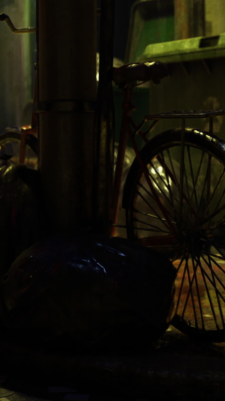 Urban nighttime alley with a bicycle and trash bags near a streetlight