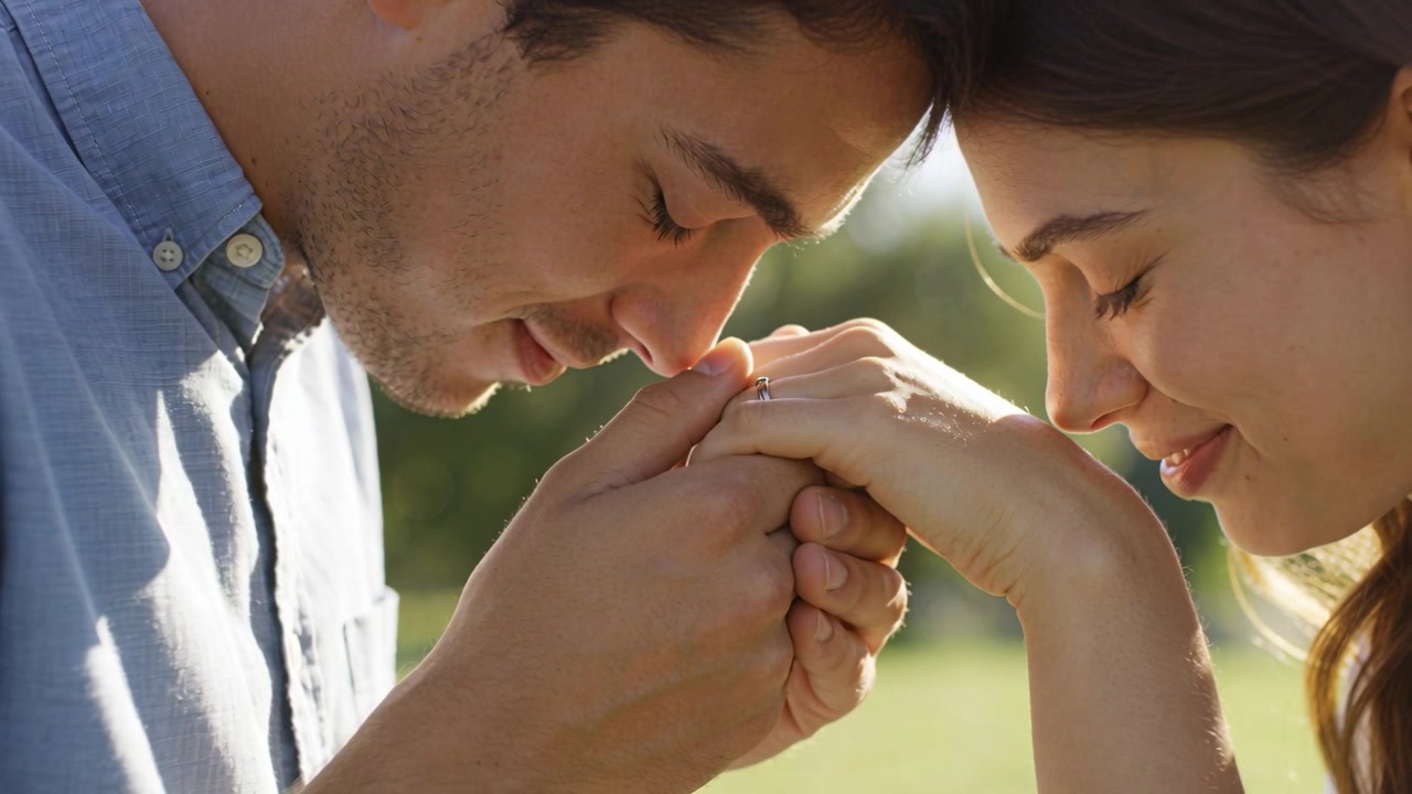 Donna che tiene la mano offerta, uomo che culla e bacia l'anello al parco, ammirando l'anello e la camicia blu.