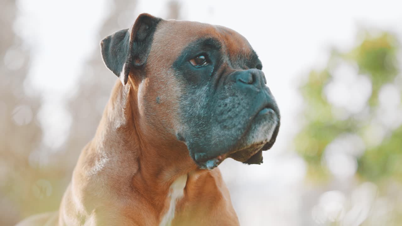 Boxer dog observing with attention in nature