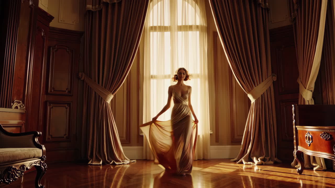 Elegant Woman in a Golden Dress in a Luxurious Interior