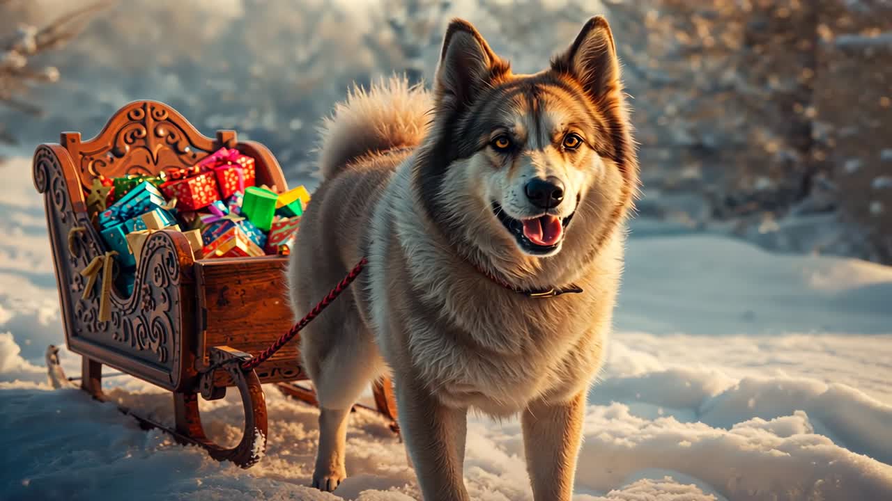 Vstup do lesní mýtiny, pes husky se červeným postrojem přešlapuje a očichává, saně a dárky