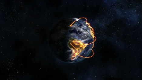 animated earth with orange links and clouds, zooming in, image from nasa.org.