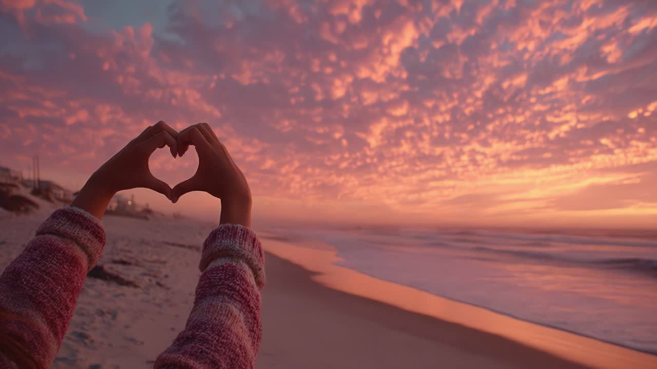 Lindo Pôr do Sol com Amor: Mãos em formato de coração contra um céu deslumbrante de cores vibrantes, criando uma atmosfera acolhedora e romântica na praia.