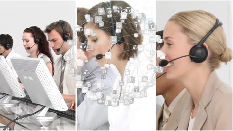 animación de la red de conexiones con el mundo a través de diversos empresarios que utilizan auriculares telefónicos