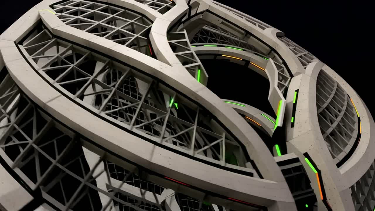 Facciata Rotante di Edificio Futuristico con Luci Verdi e Arancioni Incandescenti.