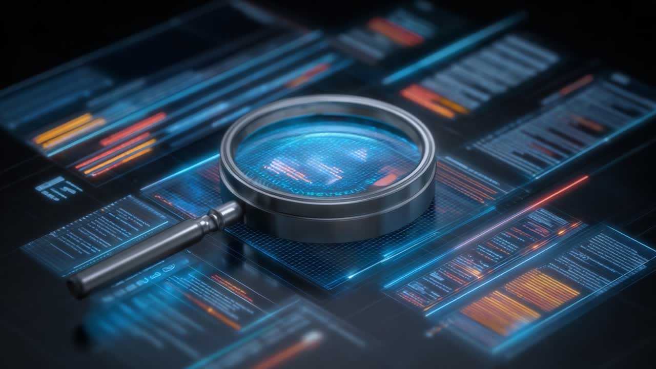 Exploring Digital Analysis with a High-Tech Magnifying Glass Over Data Interfaces Representing Advanced Analytics and Technological Insights