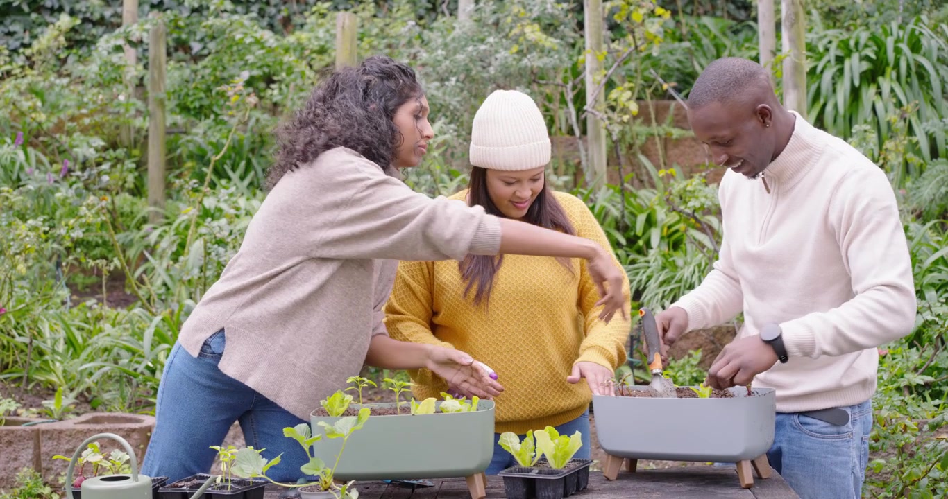 Friends using seedling trays, planting, misting purple mister, filling planters at garden table