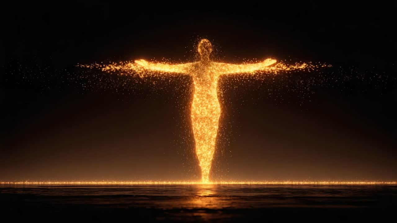 Illuminated Sparkling Human Figure Transcending Reality with a Gesture of Openness in a Nightly Setting, Generating an Ethereal Atmosphere of Wonder and Awe