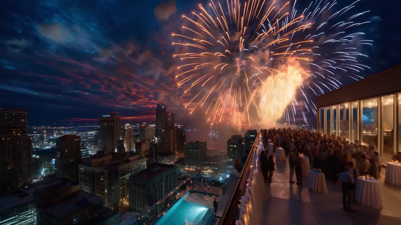 Spectacular Rooftop Celebration with Dazzling Fireworks Illuminating the Night Sky Overlooking Cityscape, Featuring an Elegant Gathering of Guests Enjoying the Vibrant Atmosphere