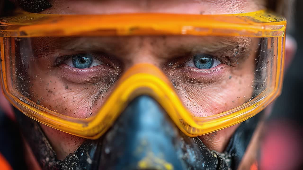 A Close-Up of a Determined Worker Wearing Protective Gear, Showcasing Intense Eyes and an Orange Safety Mask in a Challenging Environment