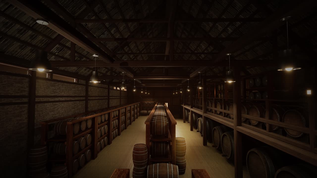 Wine Barrel Storage In The Wine Vault. Barrels Of Cognac, Wine Or Whiskey. Wooden Oak Wine Barrels. Alcohol Warehouse
