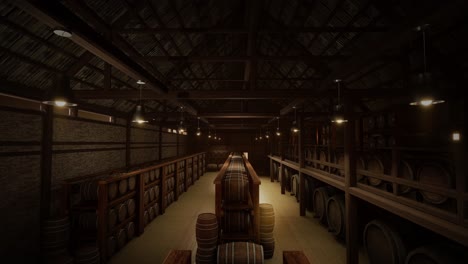 almacenamiento de barriles de vino en la bóveda de vinos. barriles de coñac, vino o whisky. barrilles de vino de roble de madera. almacén de alcohol