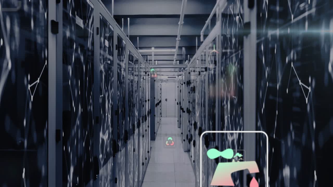 Centering shot of server aisle mapping lines initiating eco icons clustering into metrics dashboard