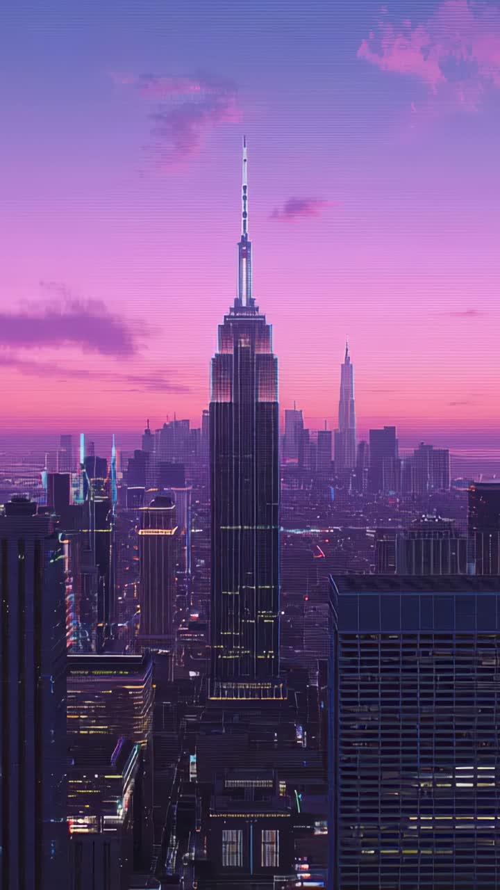 Vertical video: Glowing central skyscraper gaining spire light and window lights as dusk falls