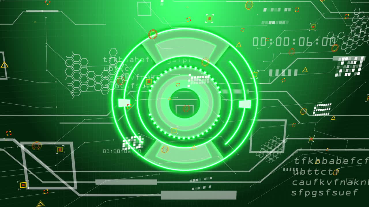 Green digital interface with circular animation over futuristic data and coding elements