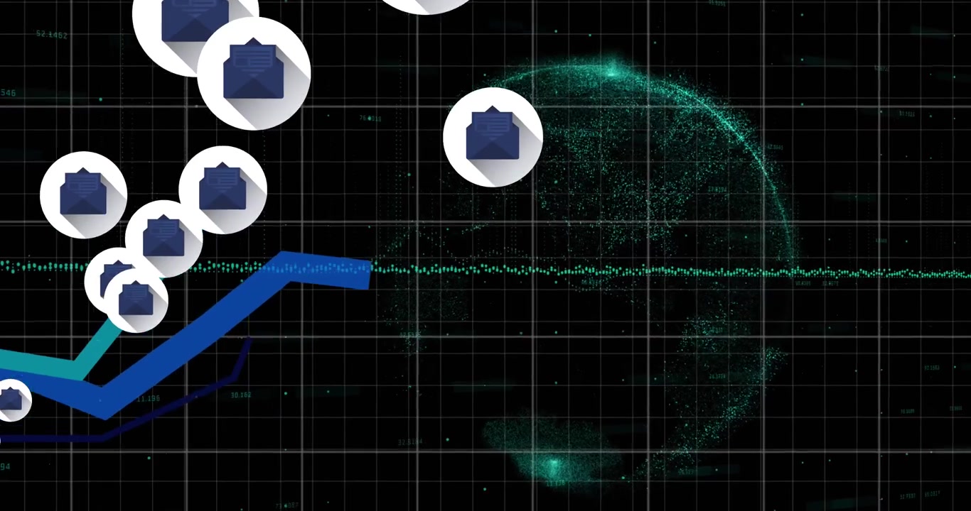 Animation of email icons, lines and financial data processing with globe
