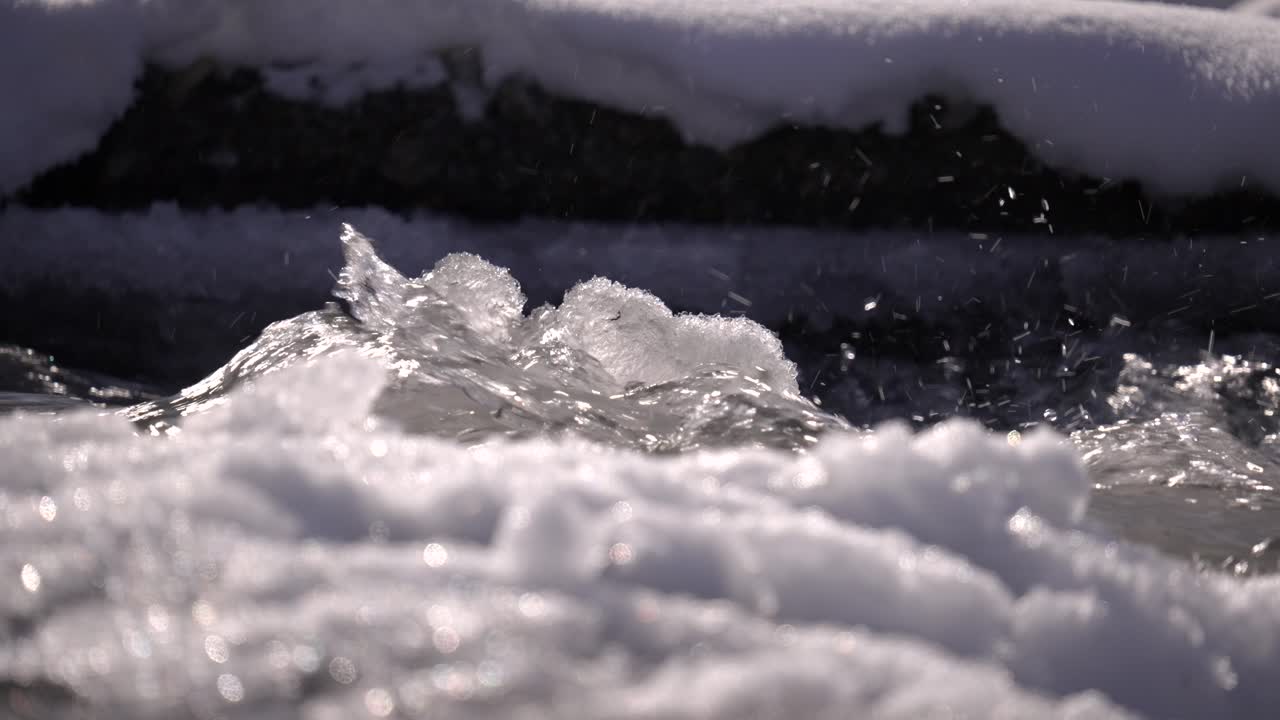 Water running down a river in winter.