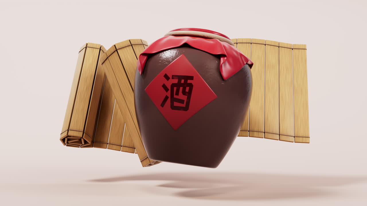 animación de bucle de vino antiguo chino, renderización 3d. traducción en el frasco: vino.