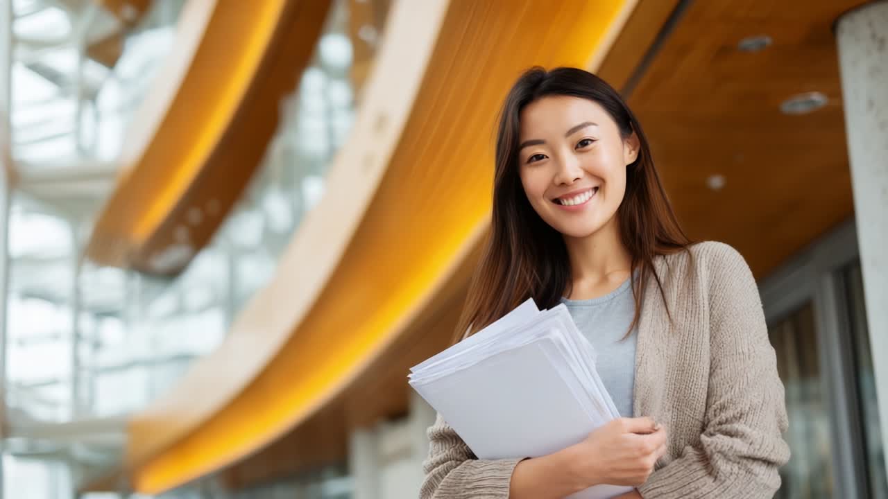 A confident young woman stands smiling in a modern interior space, warmly holding a stack of documents, showcasing both enthusiasm and professionalism, with elegant architectural details in the background