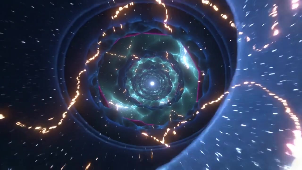 Play starting, camera moving through glowing teal tunnel revealing rings, core, gold filaments
