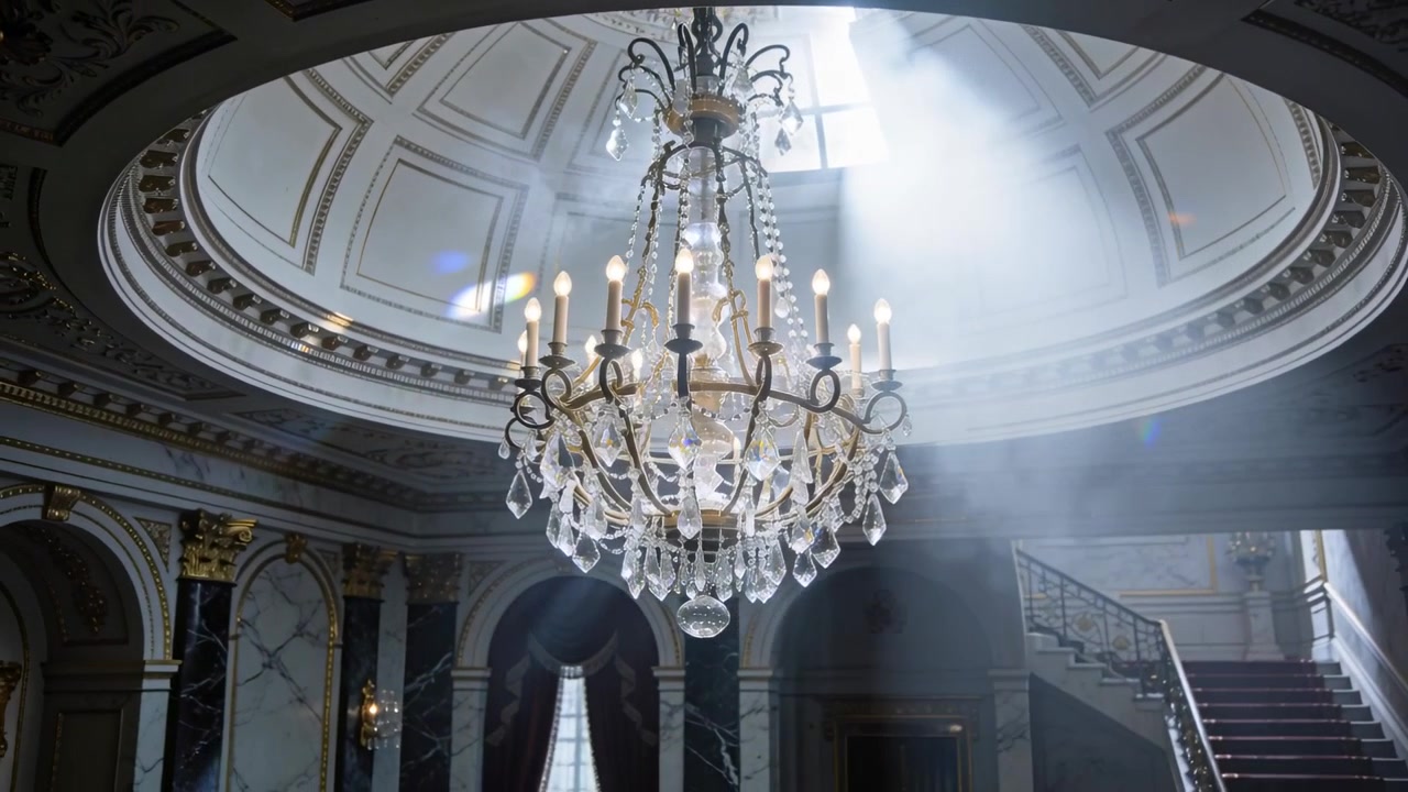 Raggio di sole che attraversa un imponente lampadario di cristallo attraverso un lucernario a cupola, evidenziando polvere e scala.
