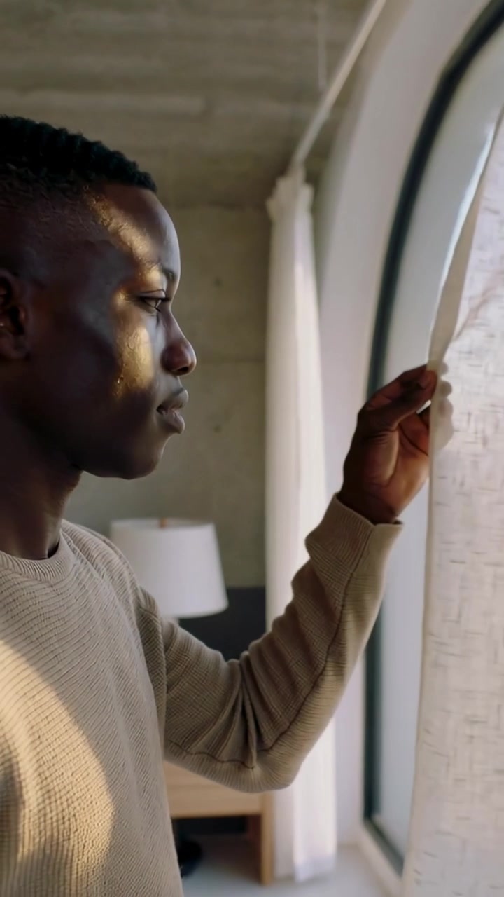 Vertical video: Reaching man in beige knit facing window, pulling sheer curtain, inspecting view
