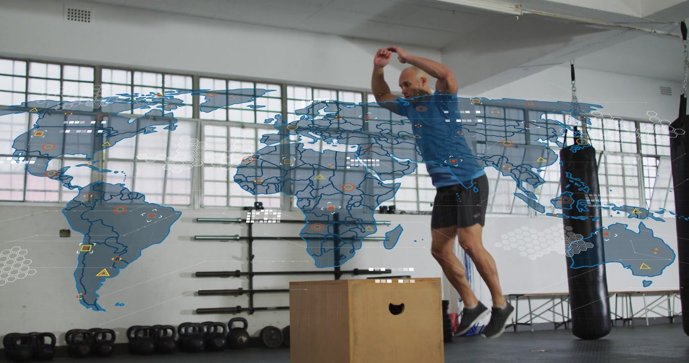 Vertical video: Shifting man stepping off plyo box jumping for power at gym in blue, copy space