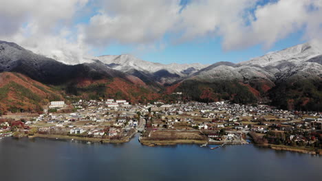 video of a snowcapped mountain range around lake kawaguchiko