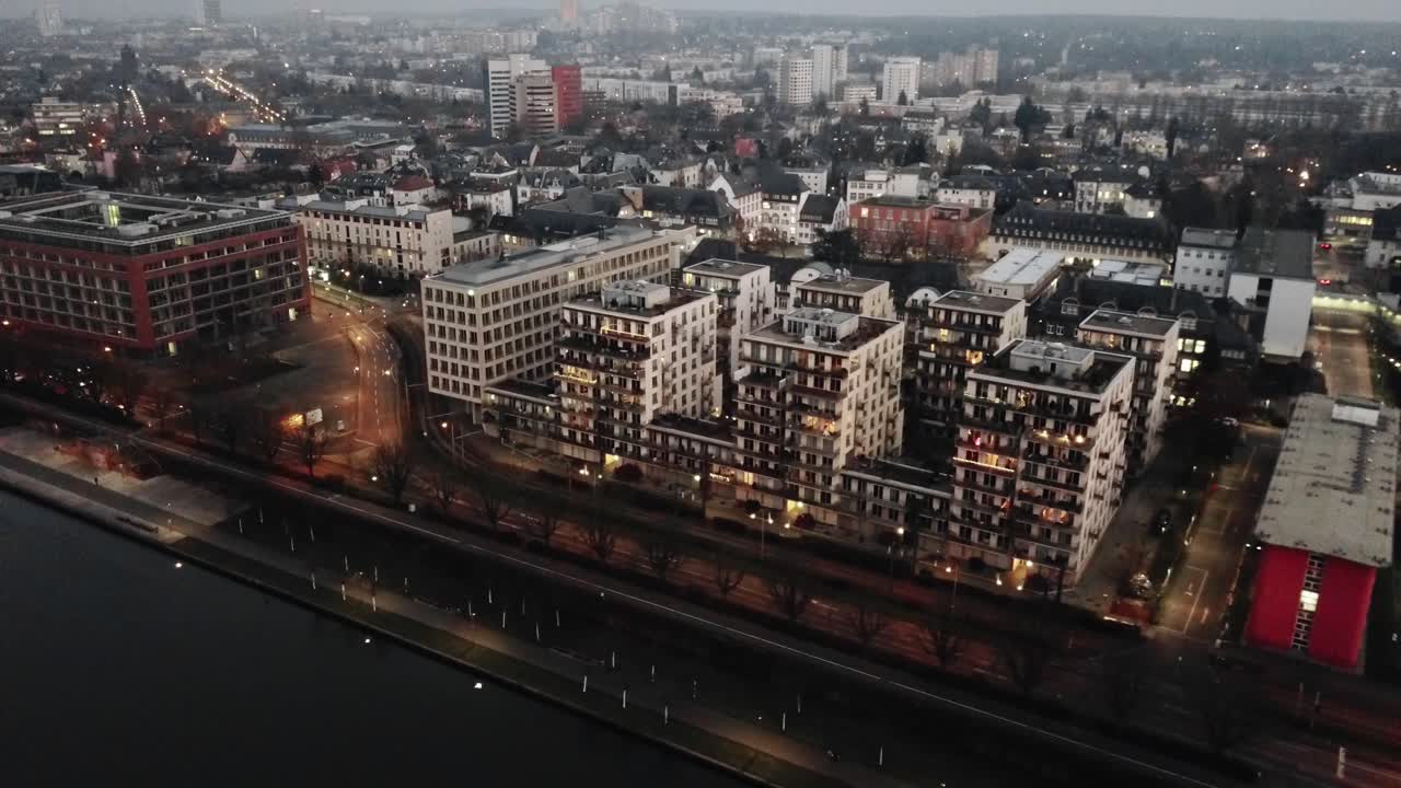 flying around a large building at the river main in frankfurt