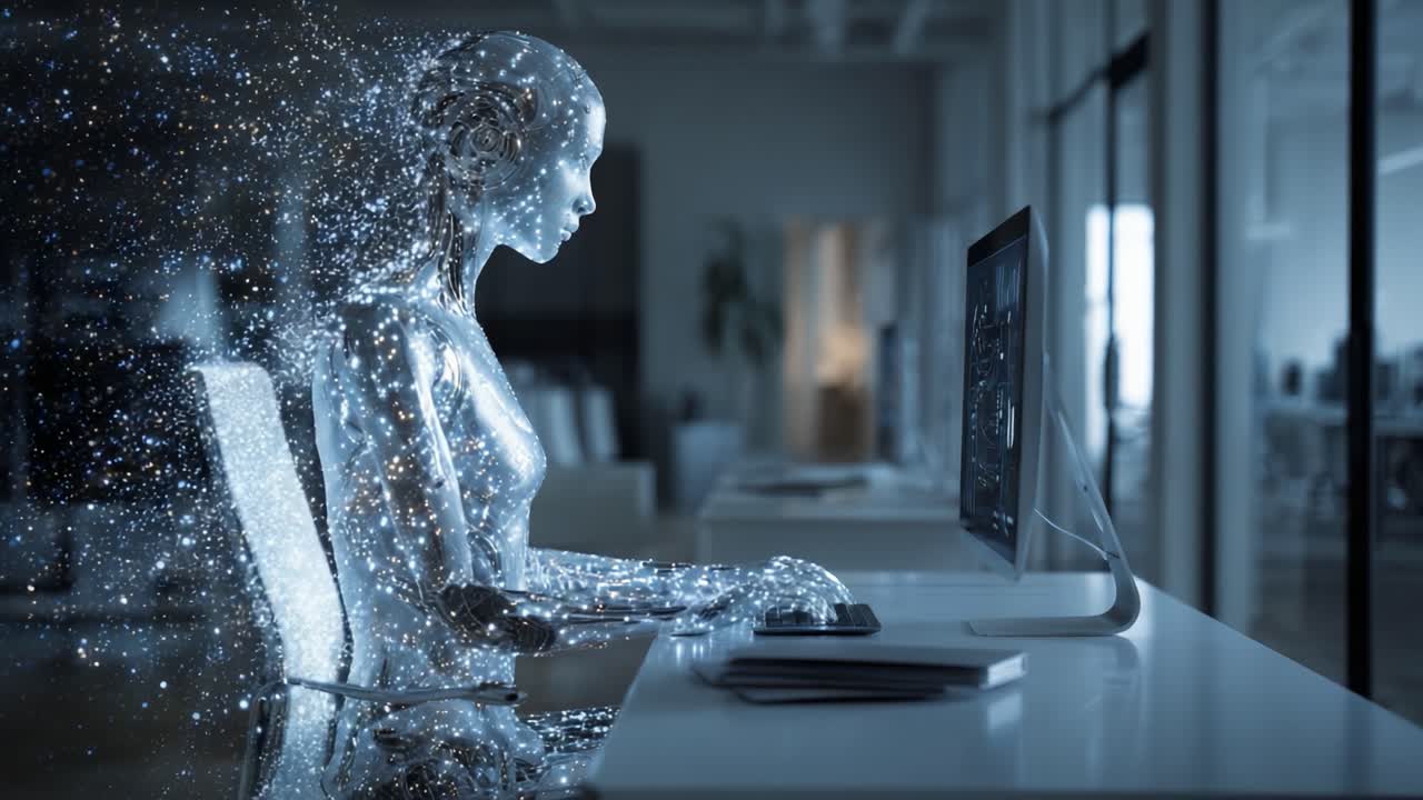 Futuristic Digital Being Engaging with Technology: A Glimpse into a World Where Artificial Intelligence Blends Seamlessly with Human-Like Interfaces in an Office Space