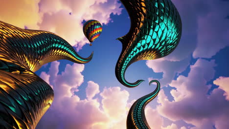 abstract metallic forms and hot air balloon in a dreamy sky