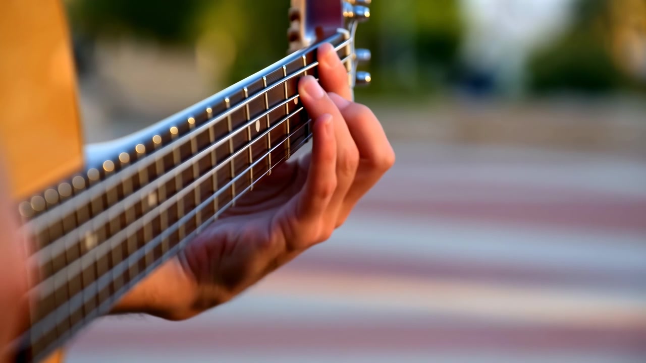 Close view shows hand pressing guitar strings and shifting along fretboard while playing, with blurred outdoor surroundings, warm light, and detailed wood and metal textures.