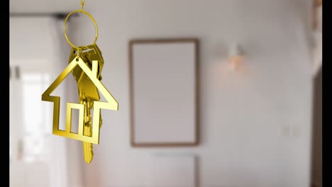 Animation-of-golden-key-and-house-over-empty-house-interior