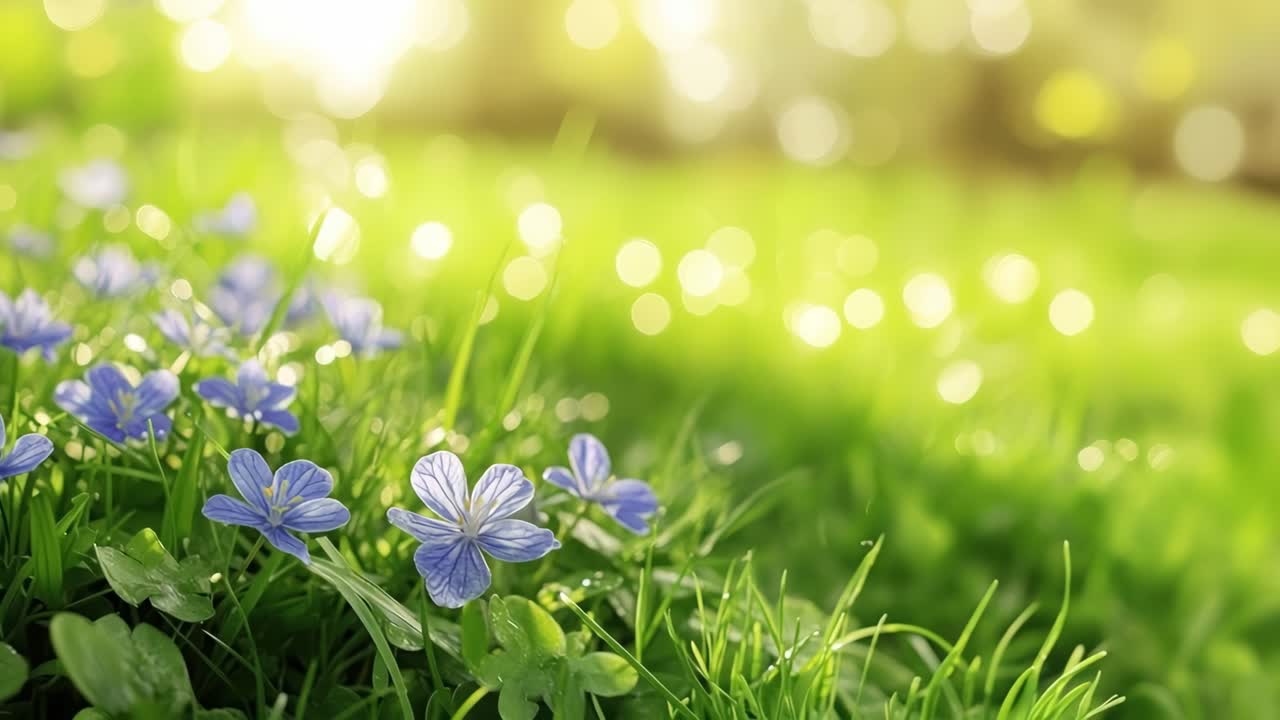 Close-up, low-angle video of vibrant blue flowers in a sunlit meadow, capturing the essence