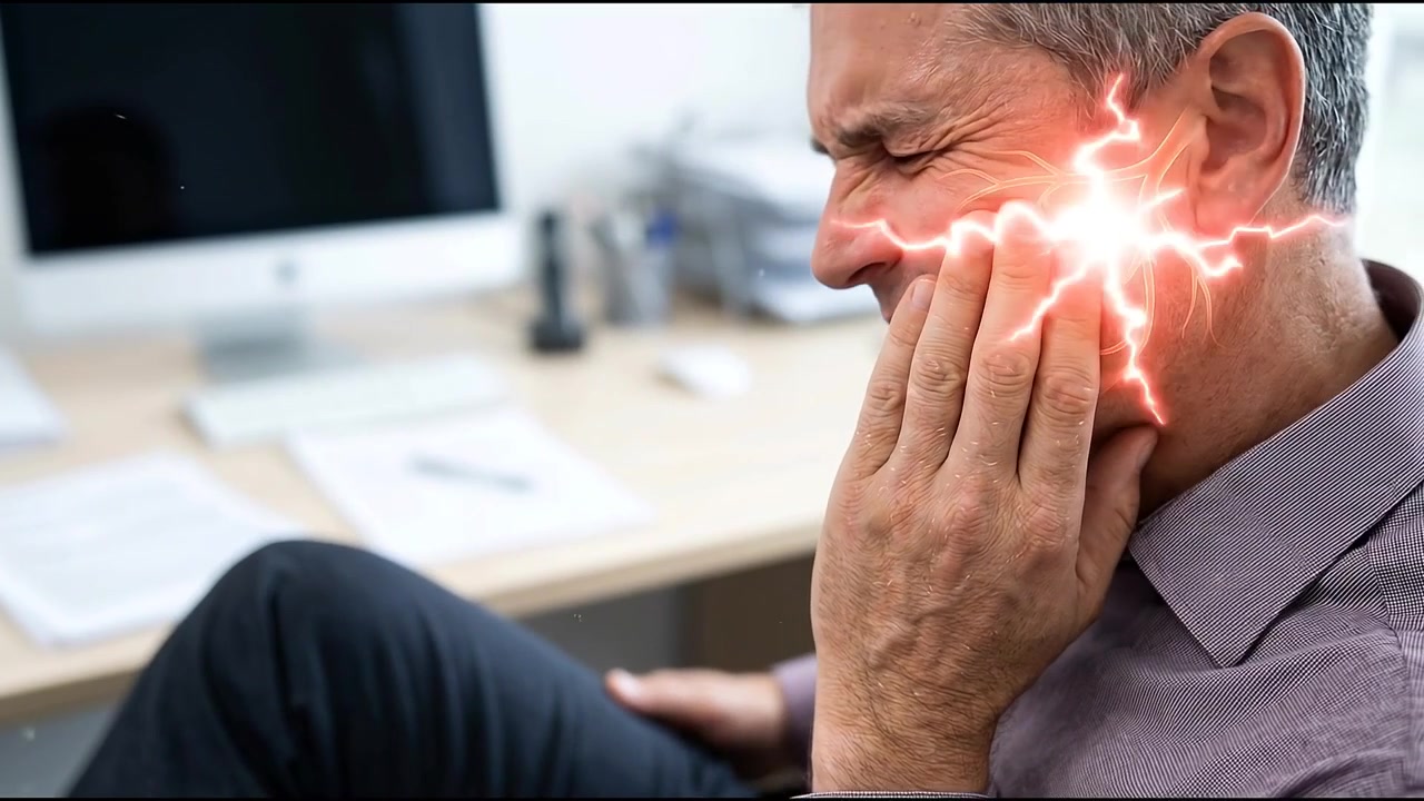 Uomo adulto che soffre di forte mal di denti o dolore alla mascella