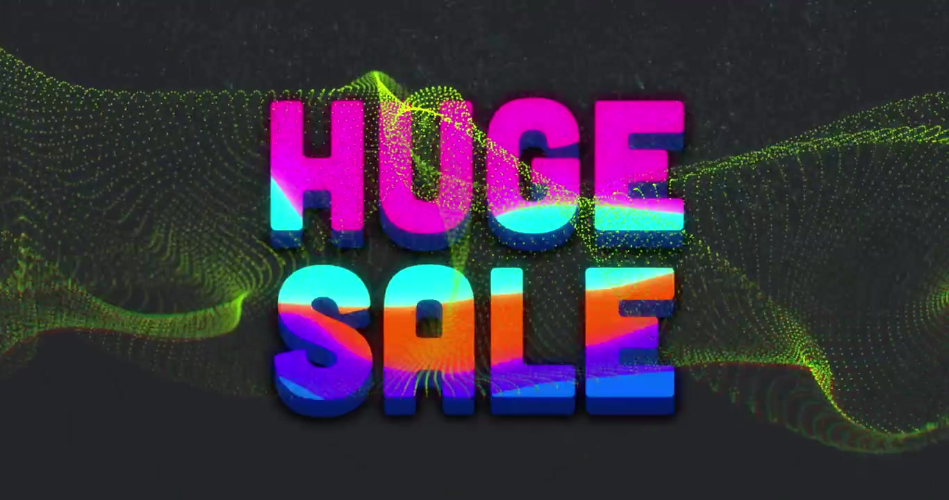 Animation of huge sale text and dynamic wave of dots moving against black background