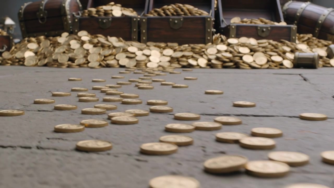 La cámara se aleja, revelando monedas de oro derramándose sobre un suelo agrietado y exponiendo cofres de madera.