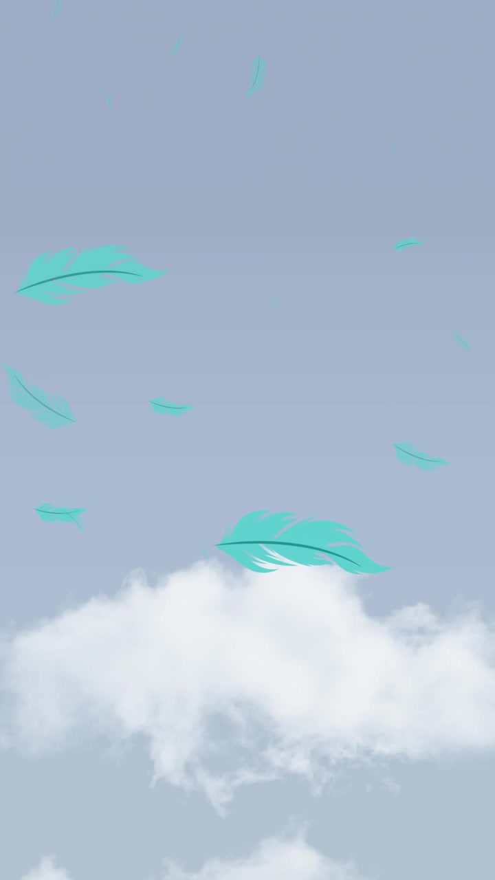 Animation af blå fuglefjer, der falder over en skyet blå himmel