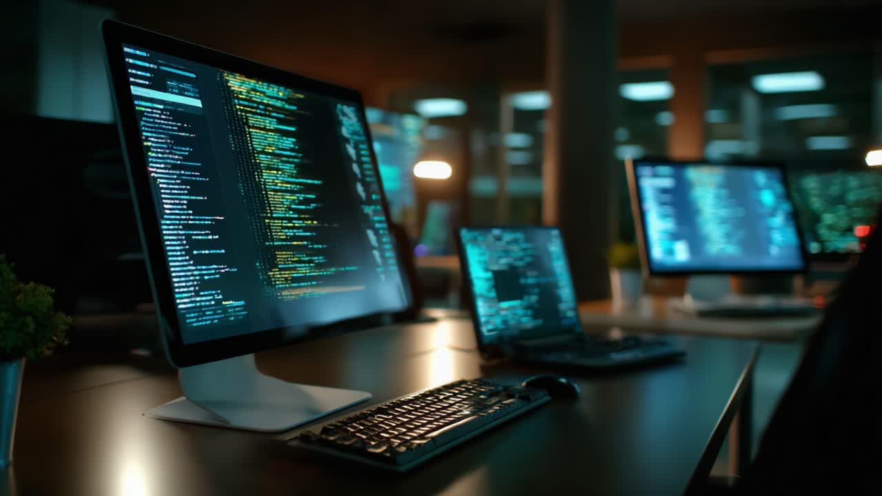 A Darkened Office Space Featuring Multiple Computer Monitors Displaying Lines of Code and Programming Syntax in a Low-Light Environment, Highlighting Technological Advancement and Software Development
