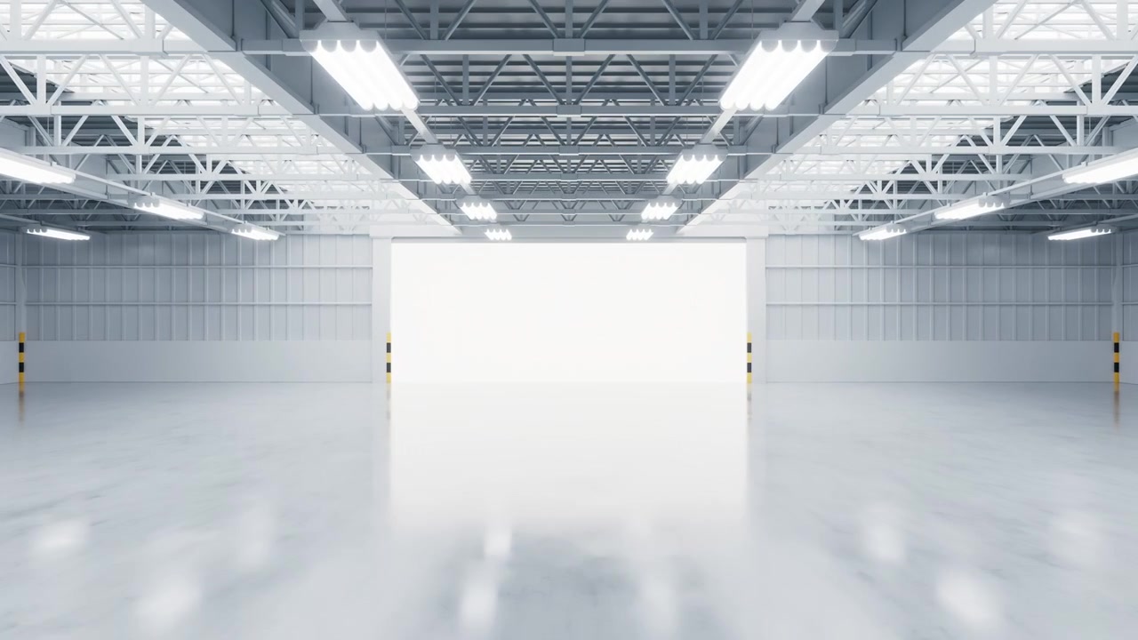 Opened industrial factory entrance door, interior of warehouse, 3d rendering.